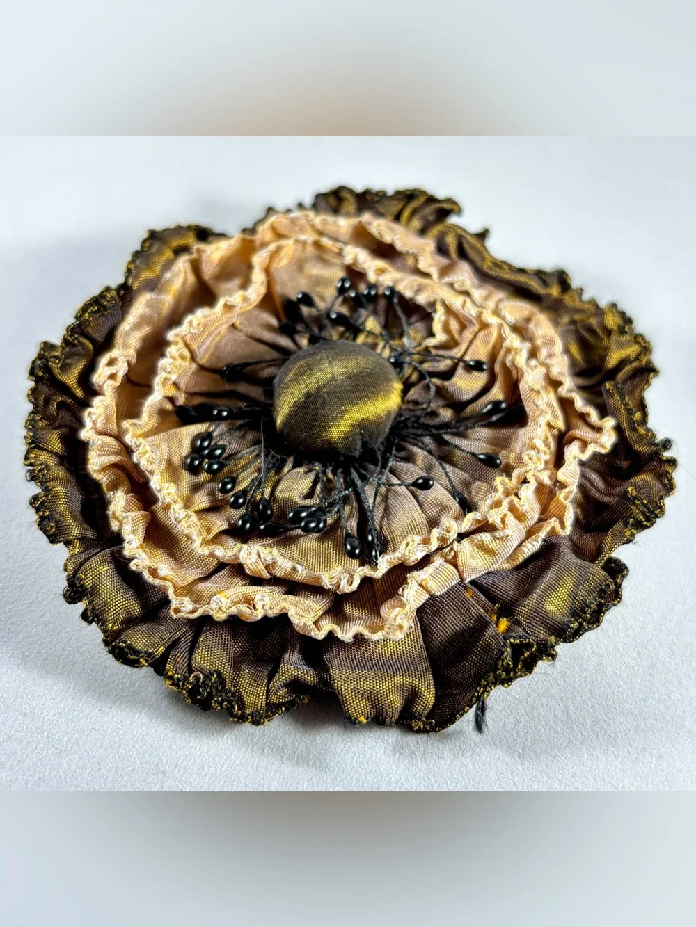 Layered Fabric Flower Brooch in Gold and Brown by Goody Goody
